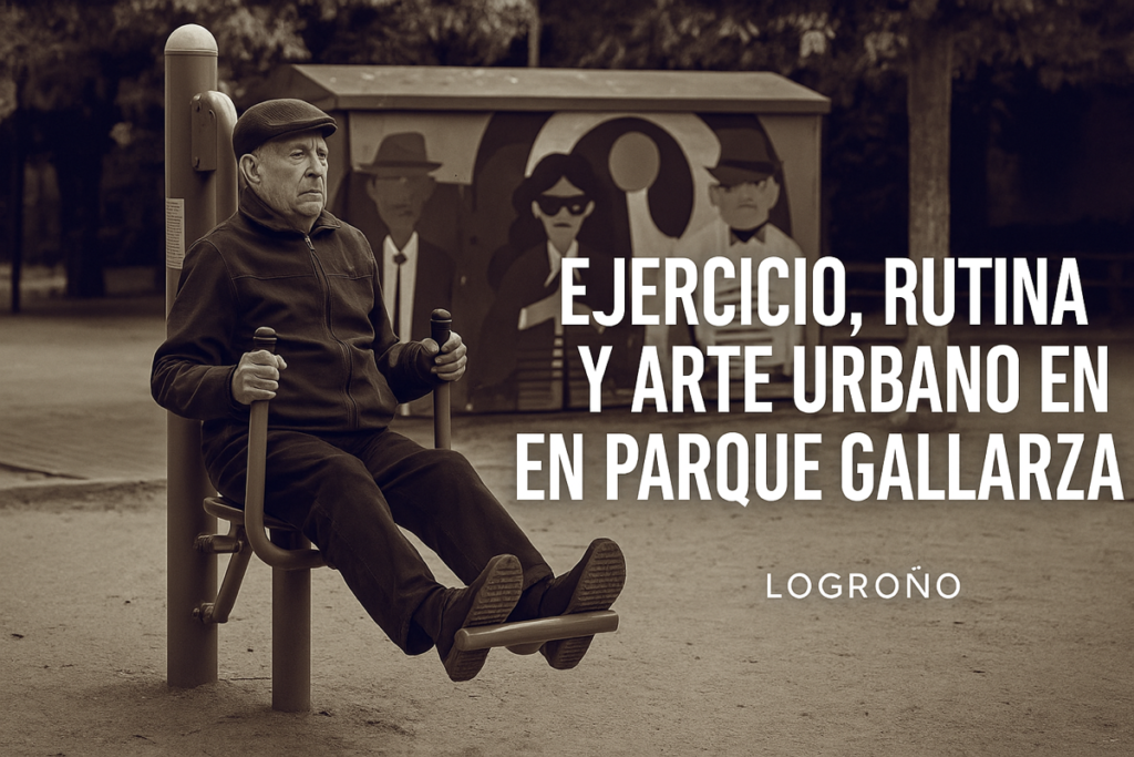 Hombre mayor haciendo ejercicios de fisioterapia en una máquina al aire libre en el parque Gallarza de Logroño, con mural urbano al fondo
