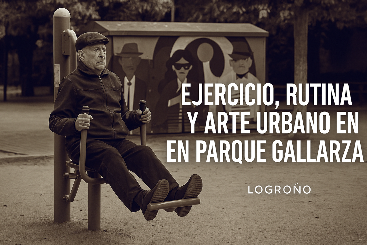 Hombre mayor haciendo ejercicios de fisioterapia en una máquina al aire libre en el parque Gallarza de Logroño, con mural urbano al fondo