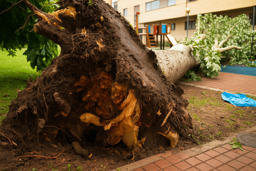 Raíz expuesta de un árbol caído por el fuerte viento en un parque de Logroño durante la tormenta de julio de 2025